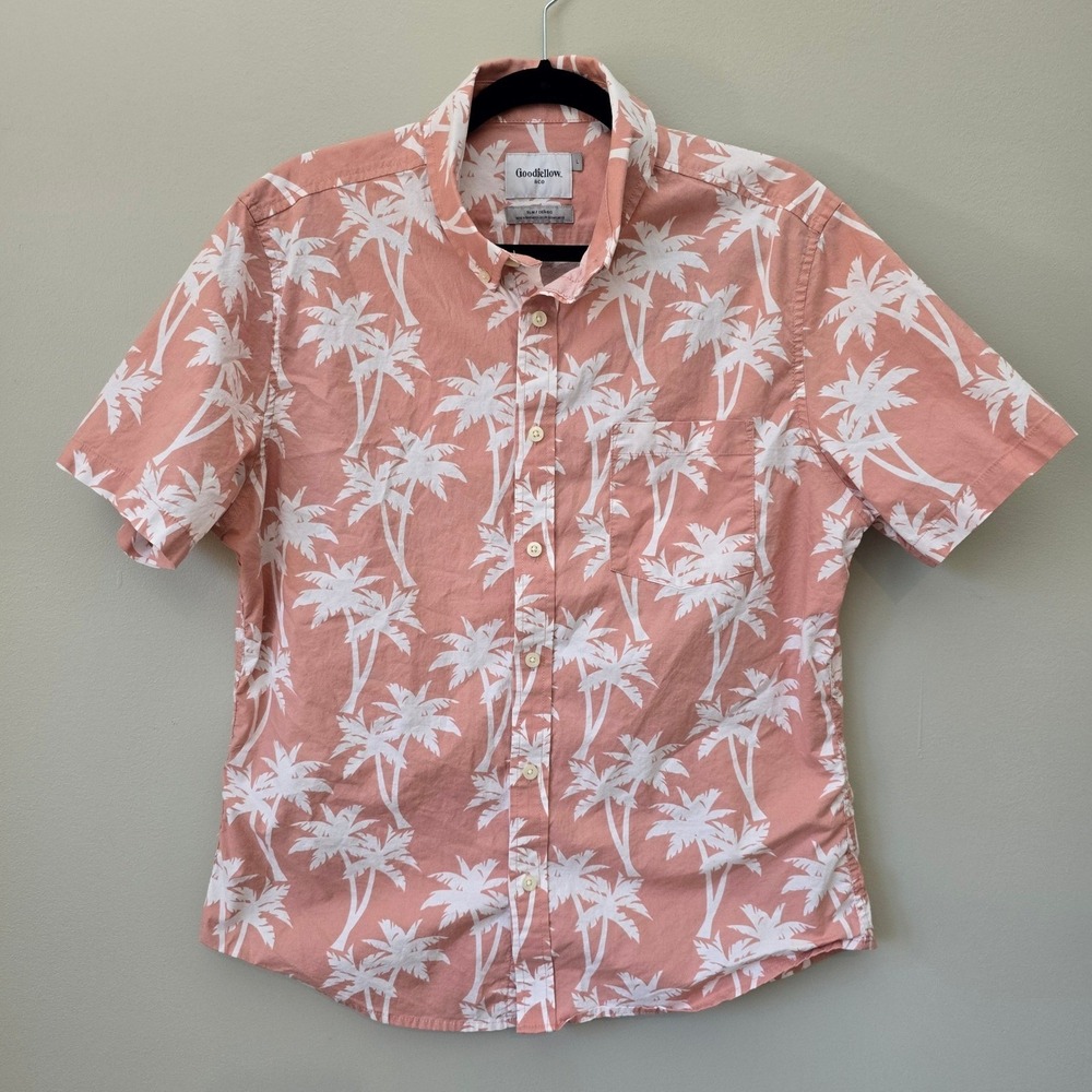 Goodfellow & Co Mens Slim Fit Short Sleeve Palm Tree Button Down Shirt Peach L